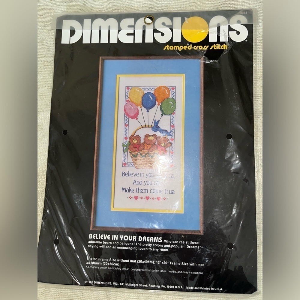 Vintage 1985 Dimensions cross stitch believe in your dreams picture frame kit